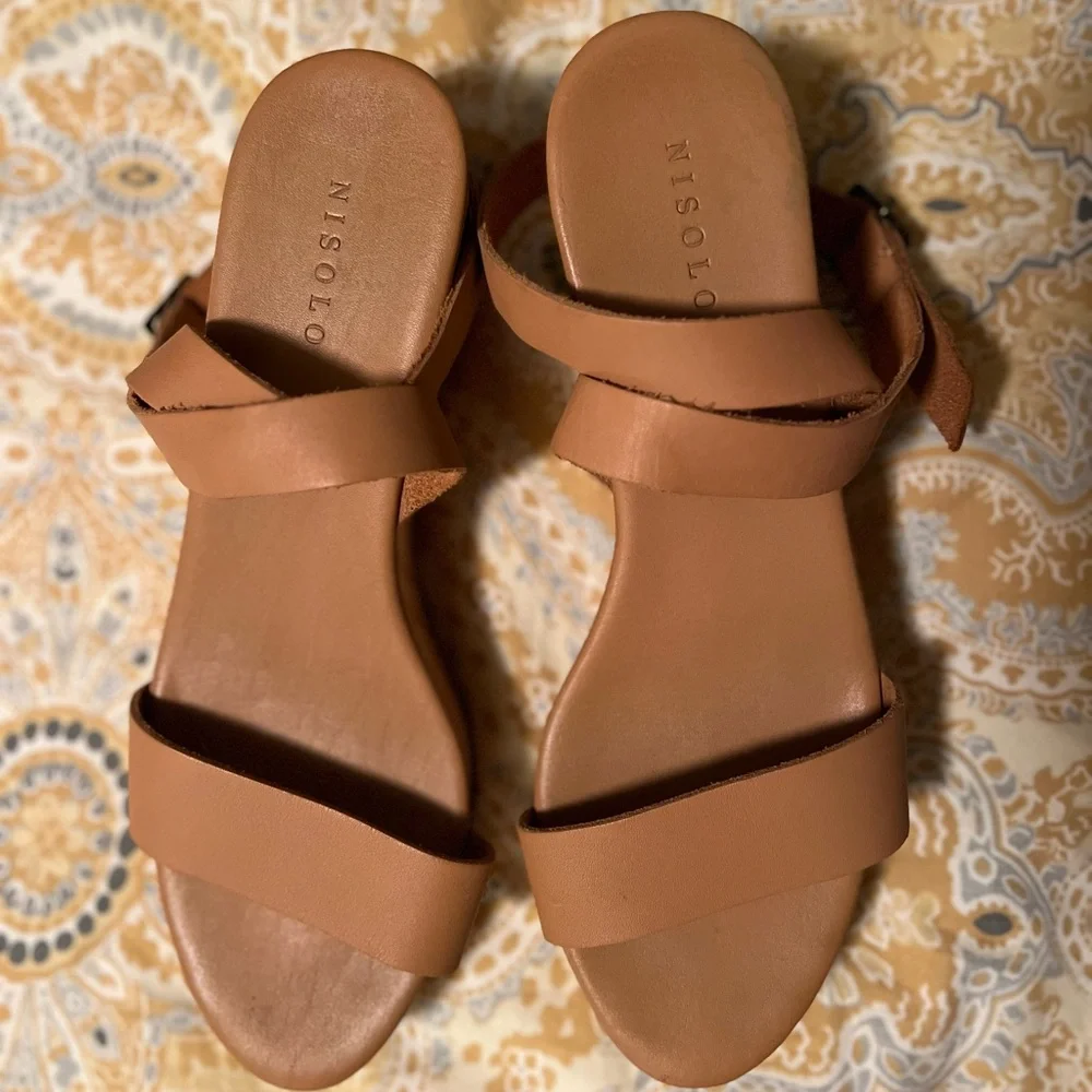 Nisolo Tan Leather Platform Wedge Sandals with Ankle Buckle